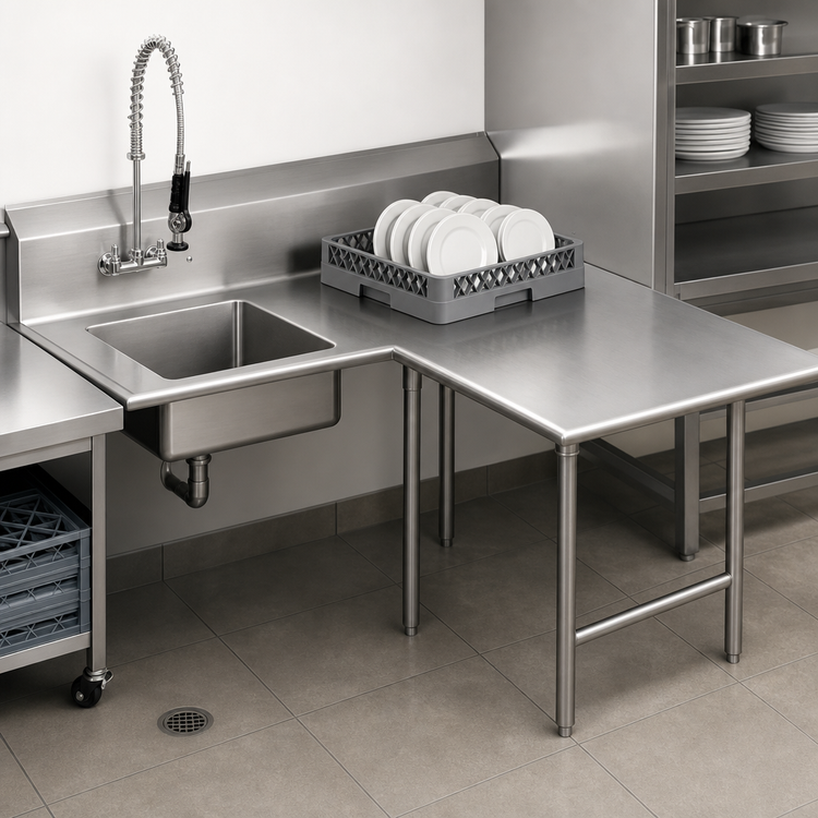 Product image #3 for John Boos Pro-Bowl 72-Inch L-Shaped Corner Soiled Dishtable with 20 x 20 x 8 Pre-Rinse Sink Bowl and Landing Shelf, Right-to-Left, 14-Gauge 300-Series Stainless Steel