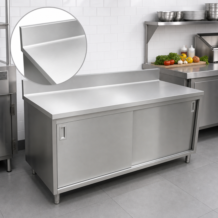 Product image #3 for Omcan 60 Inch x 24 Inch Stainless Steel Enclosed Work Table with Sliding Doors and 6 Inch Backsplash