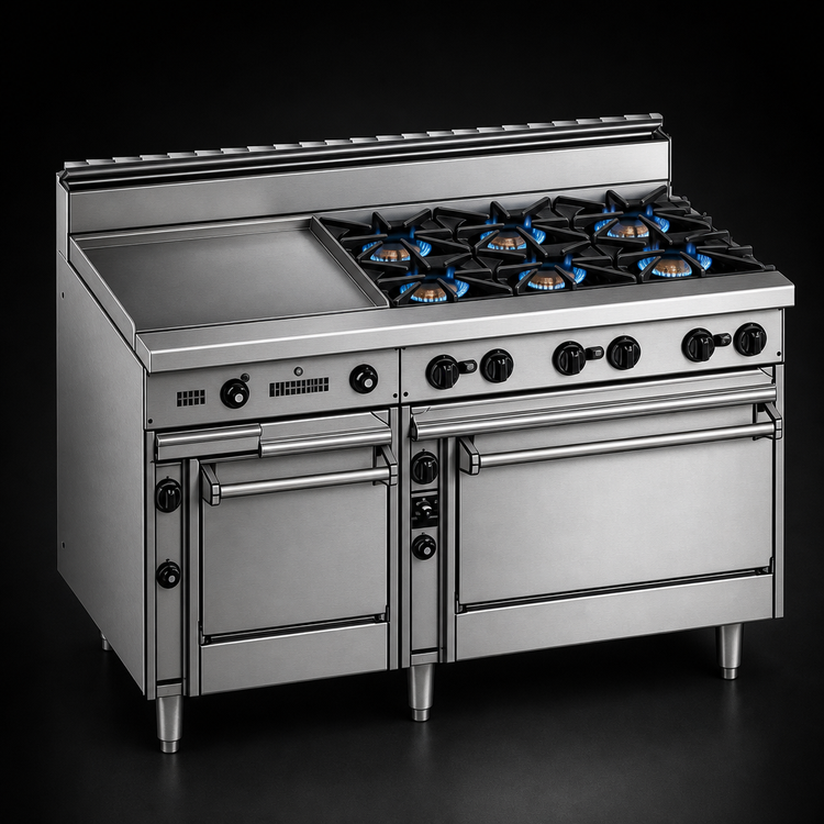 Product image #3 for Bistro 60-Inch Gas Restaurant Range with 4 Open Burners, 36-Inch Griddle, 24-Inch Space-Saver Oven and 36-Inch Oven