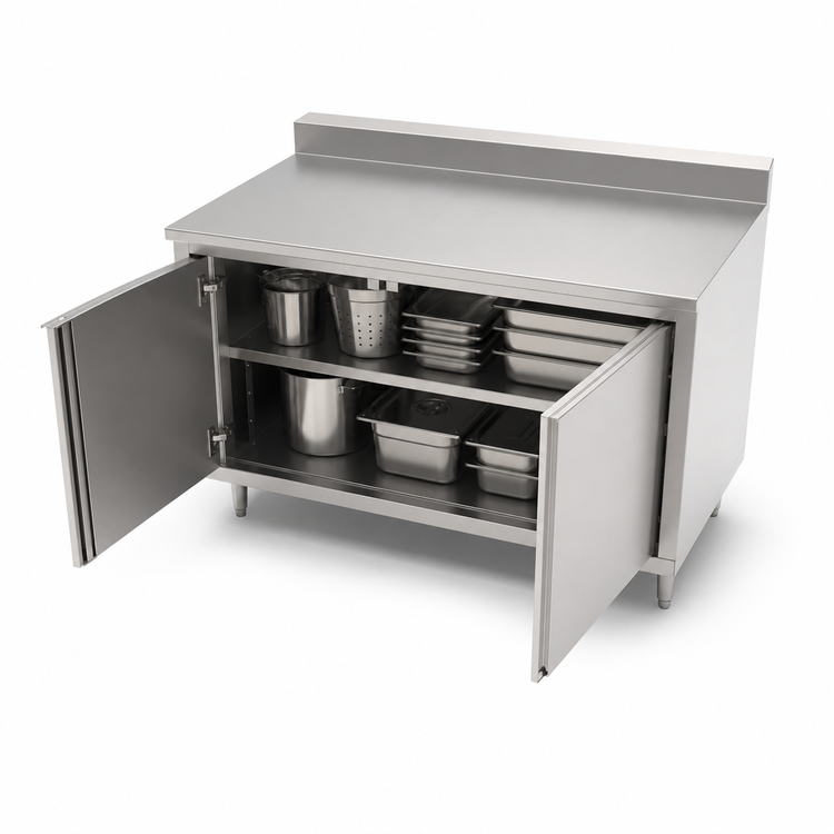 Product image #3 for John Boos 48-Inch x 36-Inch Stainless Steel Cabinet Base Work Table with Hinged Doors and 5-Inch Backsplash