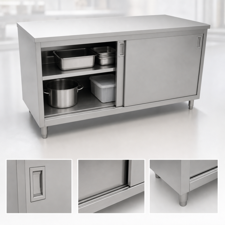 Product image #3 for Omcan USA 72-Inch Enclosed Stainless Steel Work Table with Sliding Doors and Flat Top