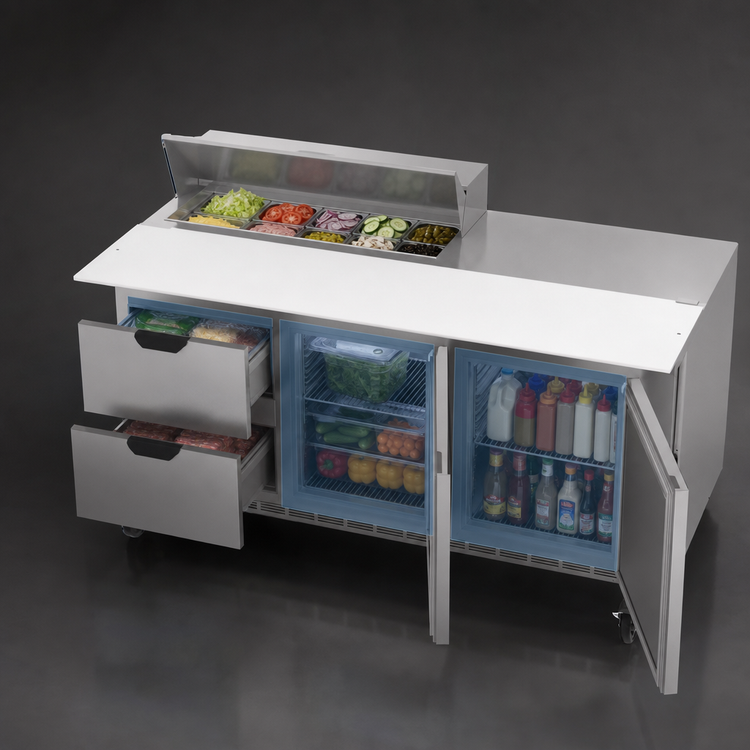 Product image #4 for Beverage-Air SPED72HC-10C-2 72-Inch Three-Section Sandwich Prep Table Refrigerated Counter with 10-Pan Top, 2 Doors, and 2 Drawers