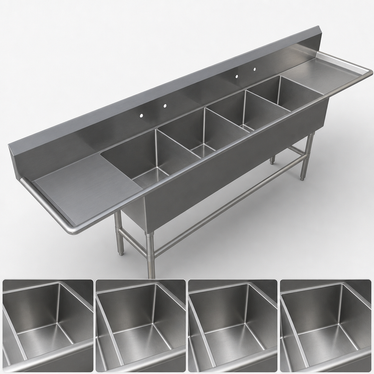 Product image #3 for John Boos Pro-Bowl 4-Compartment Stainless Steel Sink with Left and Right Drainboards, 18" x 24" x 14" Bowls
