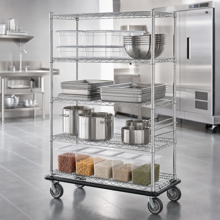 Product image #3 for Metro Super Erecta 4-Shelf Wire Dolly Truck with Chrome Shelves, 60 x 24 x 69 Inches