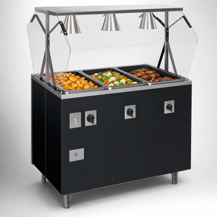 Product image #3 for Vollrath 2-Series Affordable Portable Deluxe 3-Well Mobile Hot Food Station with Breath Guard and Enclosed Base