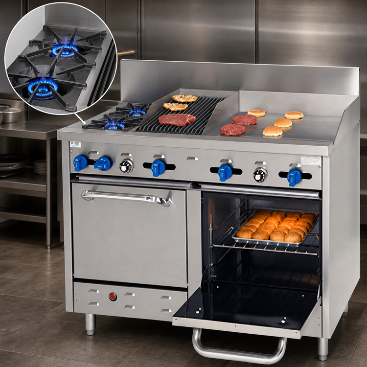 Product image #3 for Comstock-Castle 48-Inch Commercial Gas Range with 2 Open Burners, 24-Inch Griddle, 12-Inch Char-Broiler, and 2 Space-Saver Ovens