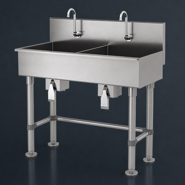 Product image #3 for Advance Tabco 48-Inch 2-Station Knee-Operated Multiwash Hand Sink with Gooseneck Spouts and Stainless Steel Legs