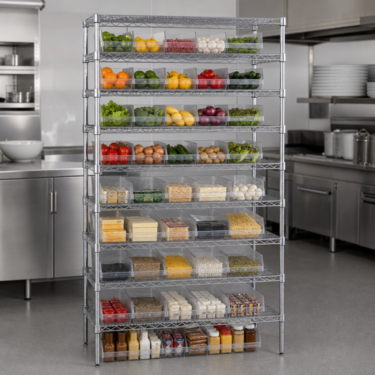 Product image #3 for Quantum 36" x 18" x 74" Chrome Plated Bin Wire Shelving System with 12 Shelves and 55 Clear Bins