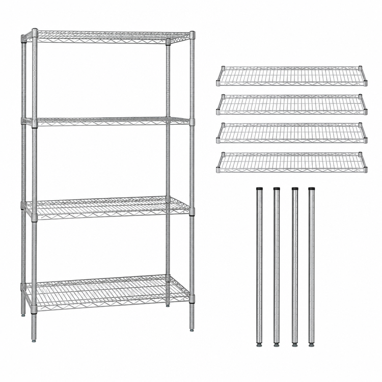 Product image #3 for Quantum 4-Shelf Stationary Wire Shelving Starter Kit, 30 Inch W x 18 Inch D x 74 Inch H, Chrome Plated