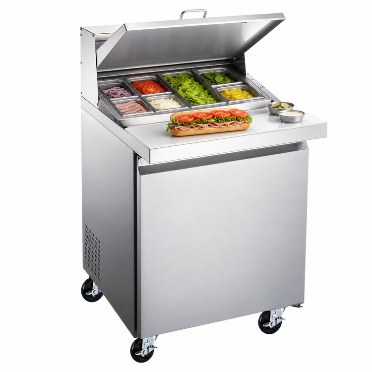 Product image #4 for Omcan Mega Top Refrigerated Sandwich/Salad Prep Table, 27.5-Inch, 1 Section, 1 Door, Rear-Mounted Self-Contained