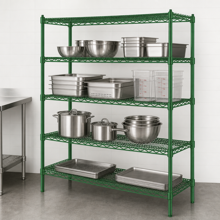 Product image #3 for Steel Works Stainless SW1872G-4 Heavy Duty 4-Tier Wire Shelving Unit, 72" W x 18" D x 74" H, Green Epoxy Coated