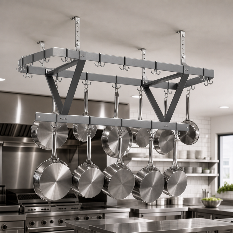 Product image #3 for Eagle Group Ceiling-Mounted Triple-Bar Stainless Steel Pot Rack with 12 Hooks