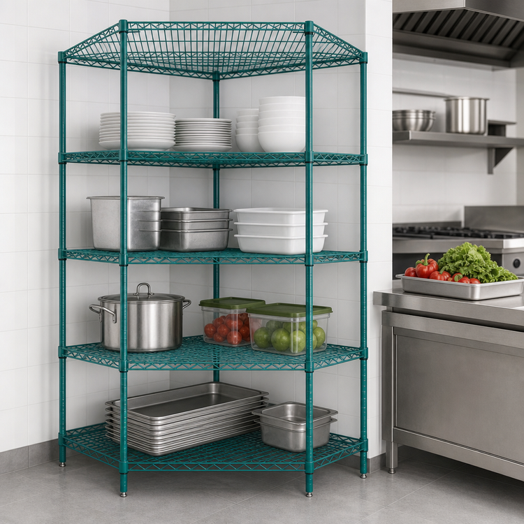 Product image #3 for Quantum 5-Sided Stationary Wire Shelving Starter Kit with 4 Shelves, 36 x 18 Inches, Green Epoxy Antimicrobial Finish