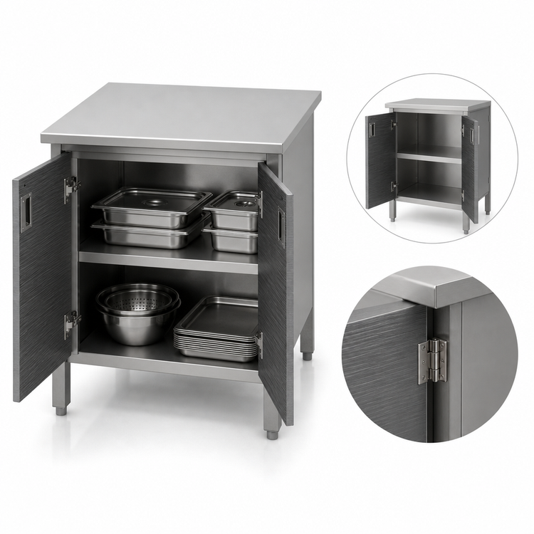 Product image #3 for Stainless Steel Enclosed Work Table with Cabinet Base and Hinged Doors, 108 x 30 Inch Flat Top