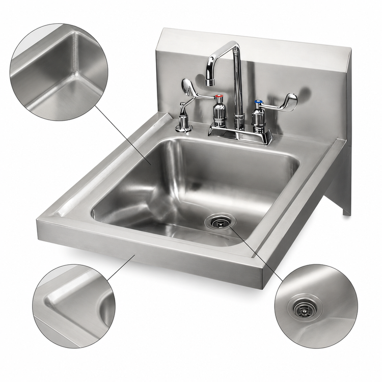 Product image #3 for Krowne HS-50 Wall-Mount Hand Sink — 14"W x 16"D x 5" Deep, 304 Stainless Steel, 4" Center Deck Faucet & Soap Dispenser