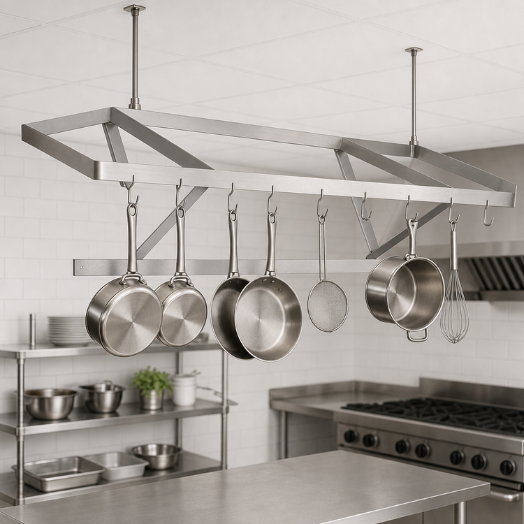 Product image #3 for Klinger's Trading SC84 Ceiling-Mounted Triple-Bar 304 Stainless Steel Pot Rack, 84W x 22D