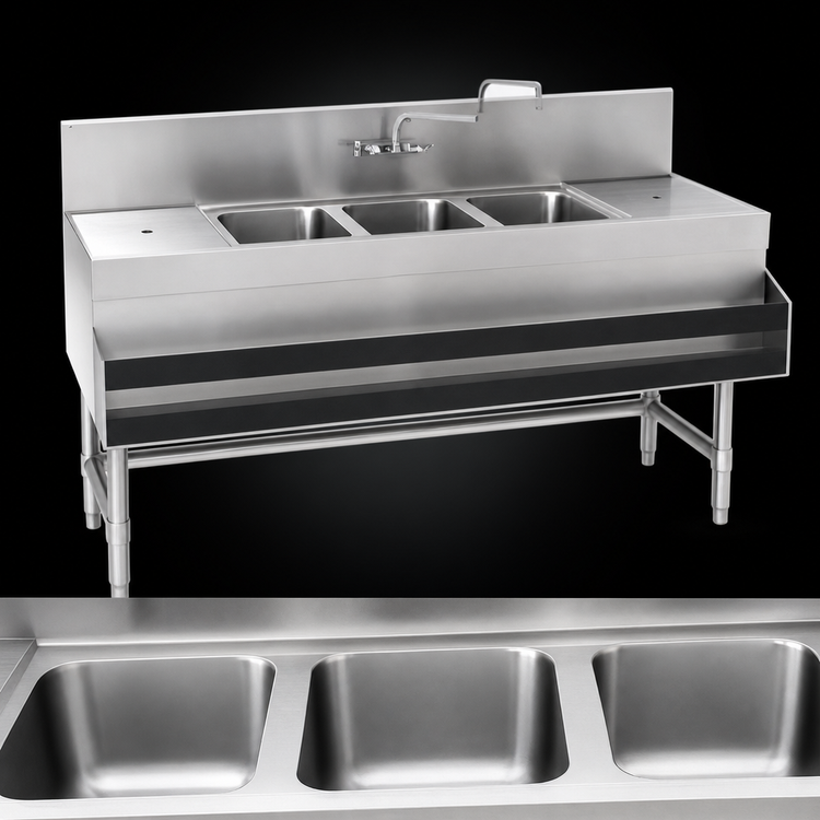 Product image #3 for Spec-Bar Three-Compartment Underbar Sink Unit with Right Drainboard, 72 x 19 Inch, 304 Stainless Steel
