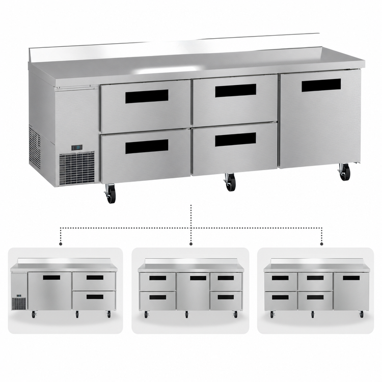 Product image #3 for Hoshizaki Steelheart 93-Inch Three-Section Stainless Steel Worktop Refrigerator with 1 Door and 4 Drawers