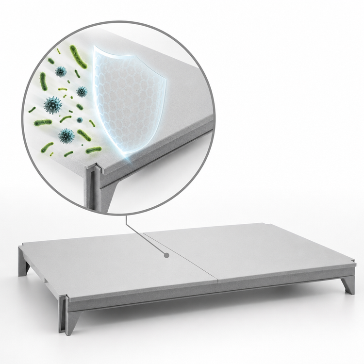 Product image #4 for Cambro Camshelving Premium 21"W x 54"L Solid Polymer Shelf Kit with Camguard, Speckled Gray