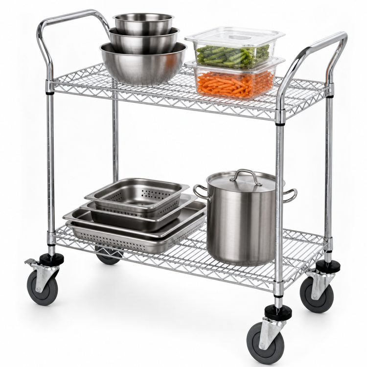 Product image #3 for Quantum Gray Epoxy Antimicrobial 2-Shelf Wire Utility Cart, 42 x 24 x 37-1/2 Inch