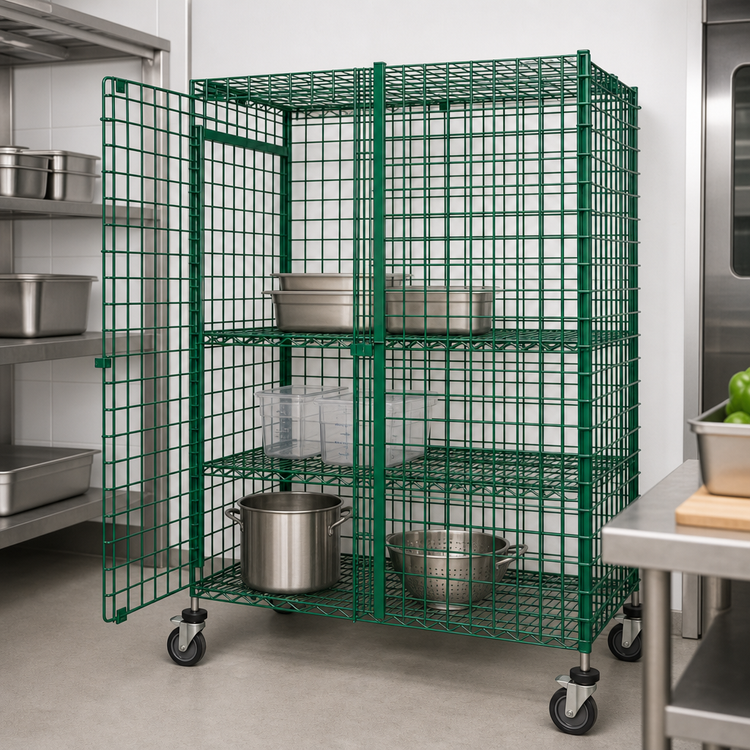 Product image #3 for Quantum Stationary Wire Security Cage with Doors and Panel Set, 60W x 24D x 63H, Green Epoxy