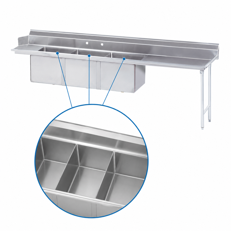 Product image #3 for Advance Tabco 119-Inch 3-Compartment Sink Dishtable with Right-Hand Drainboard, DTC-3-1620-120R