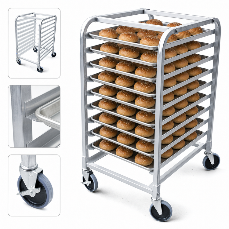 Product image #4 for New Star Foodservice 10-Tier Aluminum Open-Sided Bun Pan Rack with 2 Brake Wheels