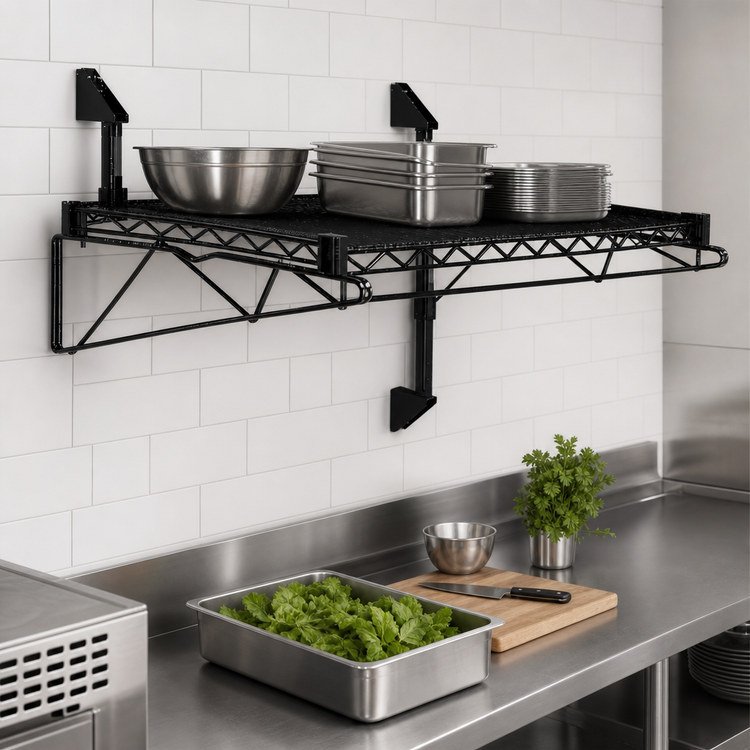 Product image #3 for Quantum Cantilever Single Shelf Wall-Mount Wire Shelving Unit, 24 x 18 Inch, Black Epoxy Antimicrobial Finish