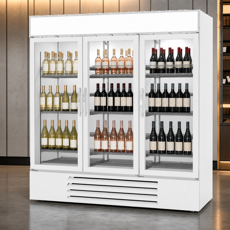 Product image #4 for Beverage-Air MarketMax Three-Section Bottom-Mount Reach-In Wine Merchandiser with Hinged Glass Doors, White