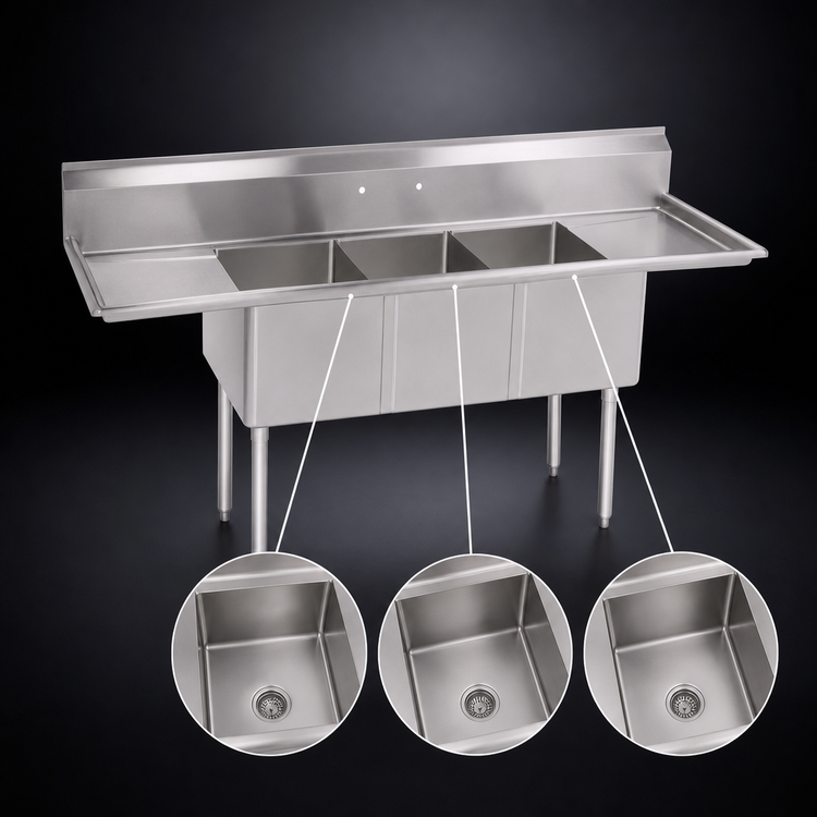 Product image #3 for John Boos E-Series 3-Compartment Stainless Steel Sink with Dual 18-Inch Drainboards and 18" x 18" x 12" Compartments