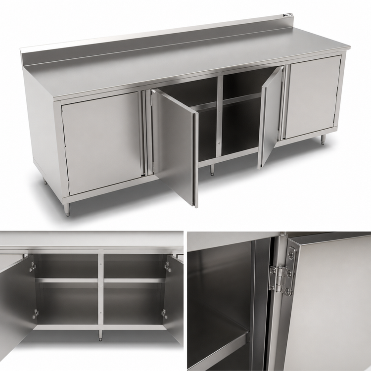 Product image #3 for John Boos Enclosed Cabinet Base Work Table with Hinged Doors, 120 x 36 Inches, 14-Gauge 300 Series Stainless Steel Top, 5-Inch Backsplash