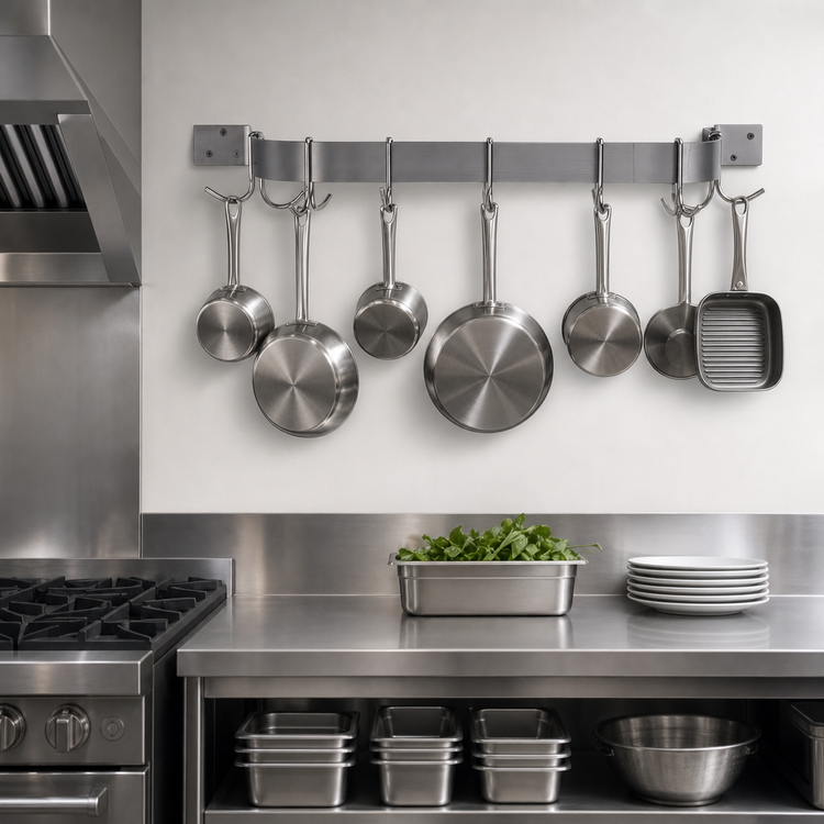 Product image #3 for Advance Tabco SW1-36 Wall-Mounted Stainless Steel Pot Rack with Single Bar and 6 Double Hooks