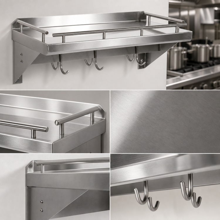 Product image #3 for John Boos Cucina Mensola Grande 36-Inch Wall-Mount Commercial Pot Rack Shelf with Galley Rail and 4 Double Hooks