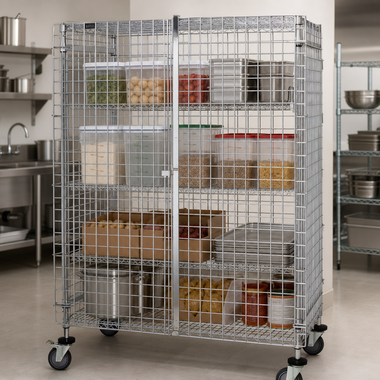 Product image #3 for Quantum Open Wire Mobile Security Cage with Locking Doors, 60"W x 24"D x 69"H, Chrome-Plated Finish