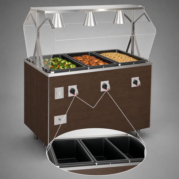 Product image #3 for Vollrath 2-Series Affordable Portable 3-Well Hot Food Station Deluxe with Buffet Breath Guard and Lights, Walnut Woodgrain