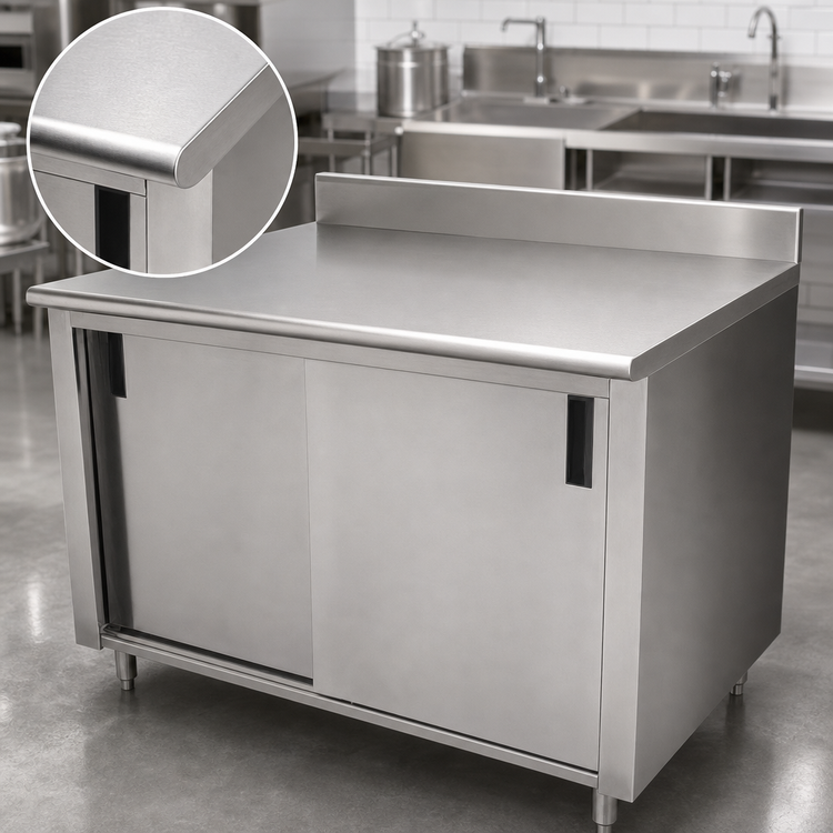 Product image #3 for Advance Tabco 108-Inch x 36-Inch Enclosed Stainless Steel Work Table with Cabinet Base, Sliding Doors, Mid-Shelf, and 5-Inch Backsplash