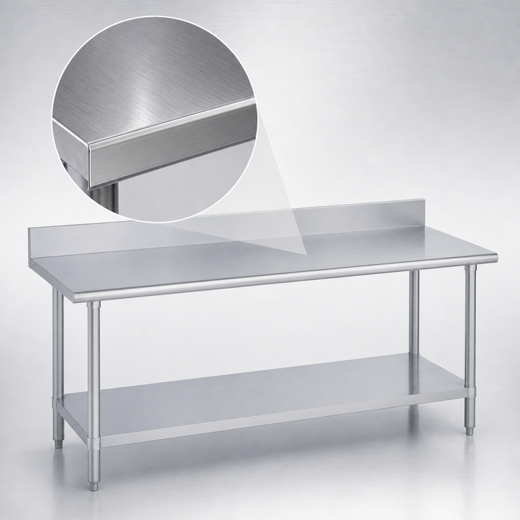 Product image #3 for Duke 108-Inch x 24-Inch 16-Gauge 400-Series Stainless Steel Work Table with 5-Inch Riser and Undershelf