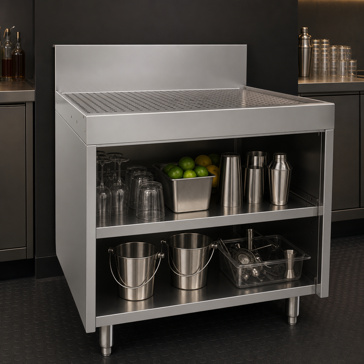 Product image #3 for Glastender 30-Inch x 24-Inch Underbar Drainboard with Open Front Cabinet Base, Stainless Steel
