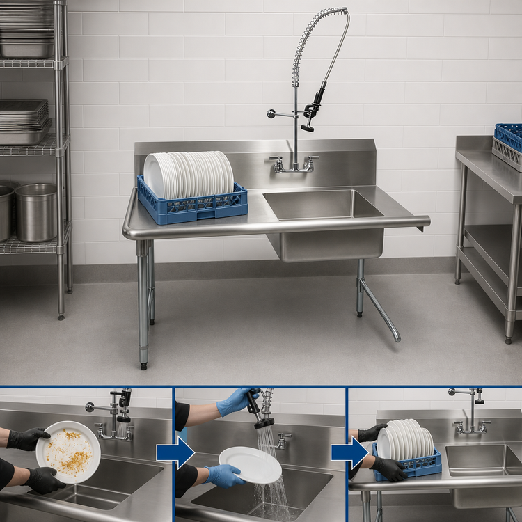 Product image #3 for BK Resources 48-Inch Left-to-Right Straight Stainless Steel Soiled Dish Table with 20 x 20 x 8 Pre-Rinse Sink and 10-Inch Backsplash