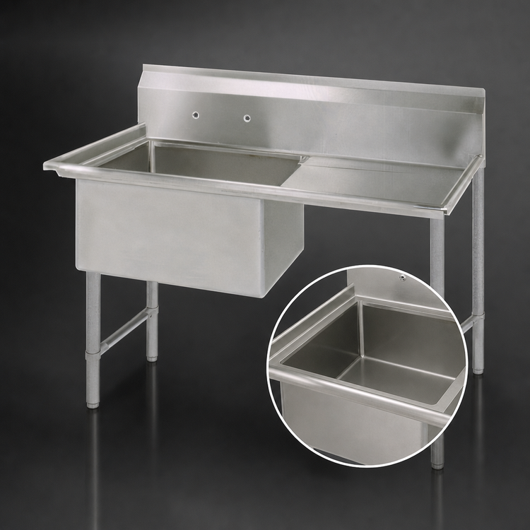 Product image #3 for BK Resources One Compartment Stainless Steel Sink with Right Drainboard, 18 x 18 x 14 Bowl, 40-3/16 Inch Wide