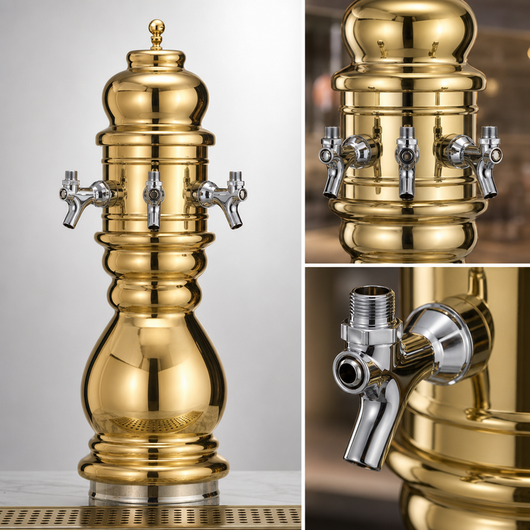 Product image #3 for Glastender Black Forest 3-Faucet Glycol-Cooled Draft Dispensing Tower with Polished Brass Finish