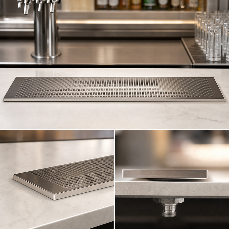 Product image #3 for Surface Mount Stainless Steel Drip Tray Trough, 51 Inch x 8 Inch, With Perforated Screen and 5/8 Inch O.D. Drain