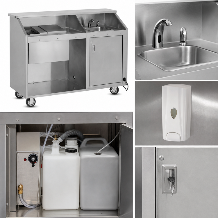 Product image #2 for FWE Stainless Steel Mobile Bar with Hand Sink, 60 lb Ice Bin, and 4-Bowl Revolving Server