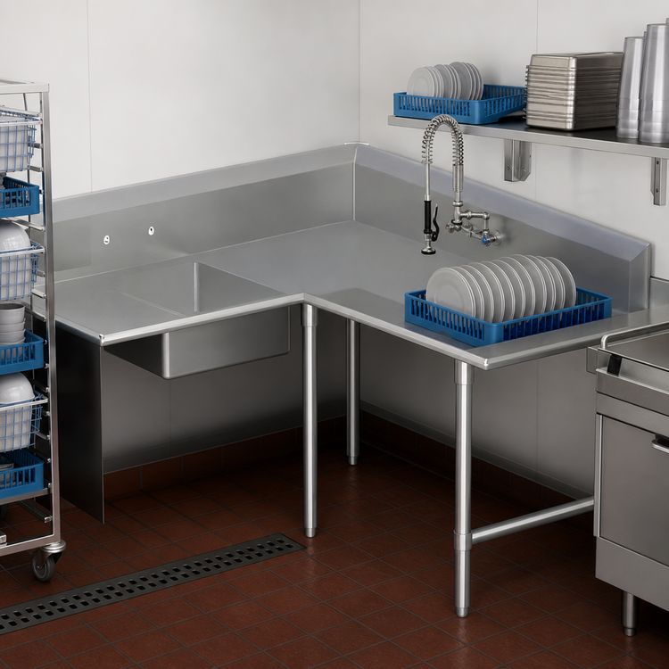 Product image #3 for John Boos Pro-Bowl L-Shaped Corner Soiled Dishtable, 60" Machine-to-Corner x 144" Corner-to-End, Right-to-Left, 16-Gauge Stainless Steel