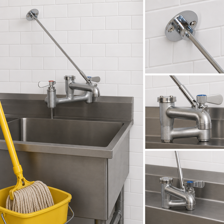 Product image #3 for BK Resources WorkForce Splash-Mounted Mop Sink Service Faucet with Vacuum Breaker, Bucket Holder and Wall Bracket