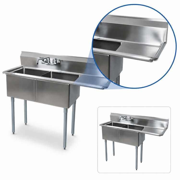 Product image #3 for BK Resources Two-Compartment Stainless Steel Sink with Right Drainboard, 24 Inches x 24 Inches x 14 Inches Bowls