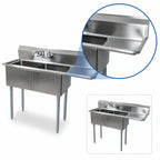 Thumbnail image #3 for BK Resources BKS-2-24-14-24R Two-Compartment 18-Gauge Stainless Steel Sink, Right Drainboard, 24 x 24 x 14 Inch Bowls, 9-Inch Backsplash