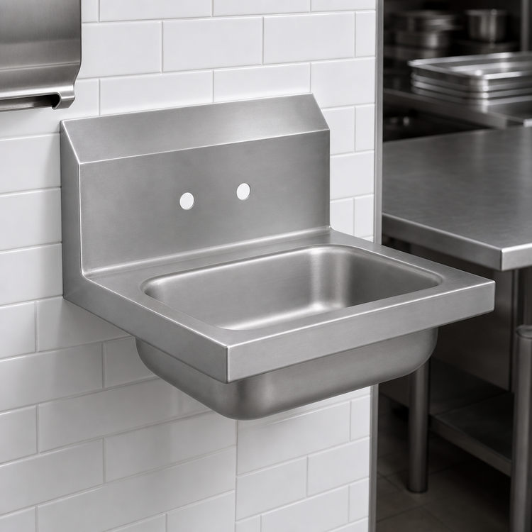 Product image #3 for BK Resources 14" x 10" Wall-Mount 304 Stainless Steel Hand Sink with 5" Deep Bowl, 4" O.C. Splash Mount Holes, and 3-1/2" Basket Drain