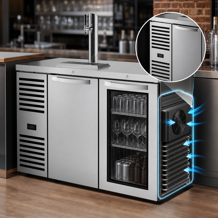 Product image #3 for 48-Inch Two-Section Flat-Top Refrigerated Draft Bar Cooler with 1 Beer Column, Solid and Glass Doors, Stainless Steel