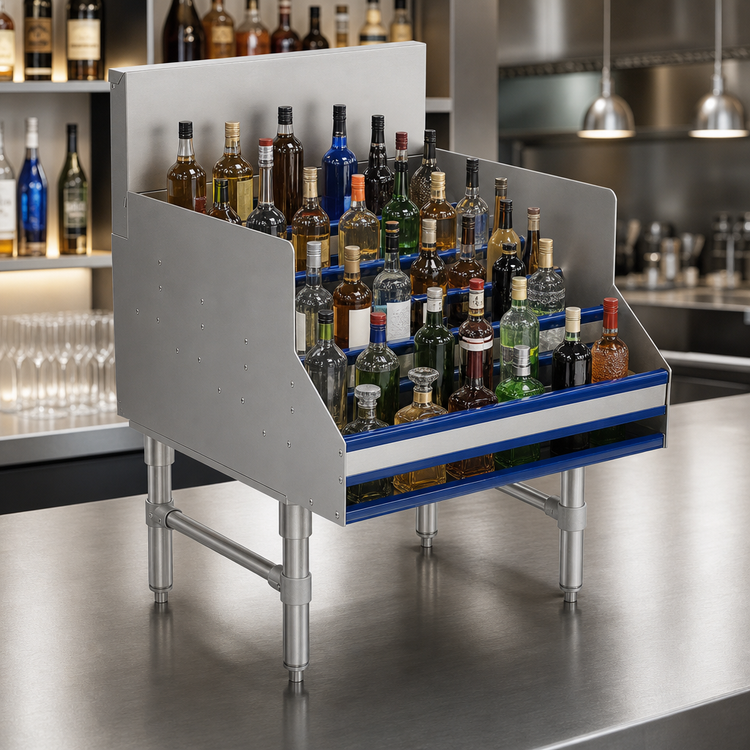 Product image #3 for Advance Tabco Prestige Supreme Freestanding 5-Step Stainless Steel Liquor Bottle Display Unit, 36-Inch Wide, 45-Bottle Capacity